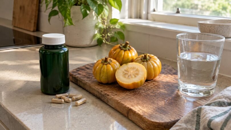 Hydroxycitric acid supplement bottle and capsules next to whole Garcinia cambogia fruits on a kitchen counter