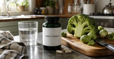 Indole-3-carbinol supplement bottle on a kitchen counter next to raw broccoli and Brussels sprouts