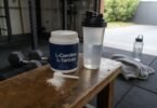L-carnitine L-tartrate supplement tub and shaker bottle on a wooden bench in a home gym
