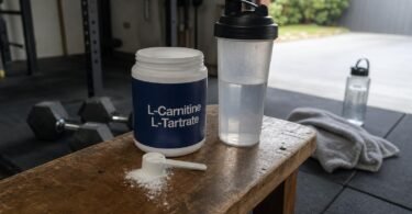 L-carnitine L-tartrate supplement tub and shaker bottle on a wooden bench in a home gym