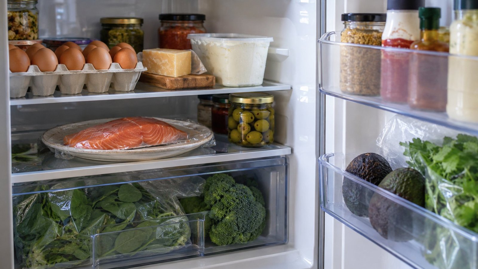 LCHF diet foods in a home refrigerator, including eggs, cheese, salmon, olives, avocados and leafy greens