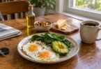 LCHF diet breakfast of eggs, avocado and spinach with coffee, olive oil, nuts and cheese on a kitchen table