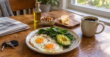 LCHF diet breakfast of eggs, avocado and spinach with coffee, olive oil, nuts and cheese on a kitchen table