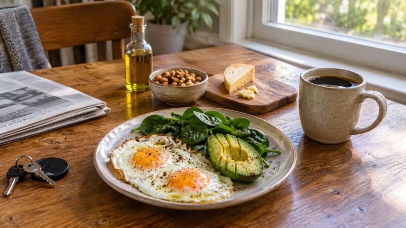 LCHF diet breakfast of eggs, avocado and spinach with coffee, olive oil, nuts and cheese on a kitchen table