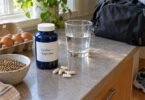 Lysine and arginine supplement bottle and capsules on a kitchen counter with eggs, lentils and a glass of water