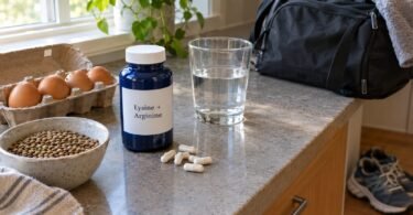 Lysine and arginine supplement bottle and capsules on a kitchen counter with eggs, lentils and a glass of water