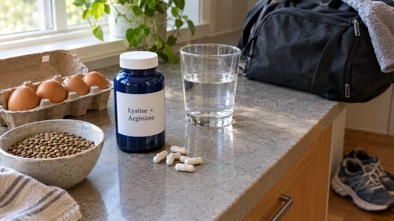 Lysine and arginine supplement bottle and capsules on a kitchen counter with eggs, lentils and a glass of water