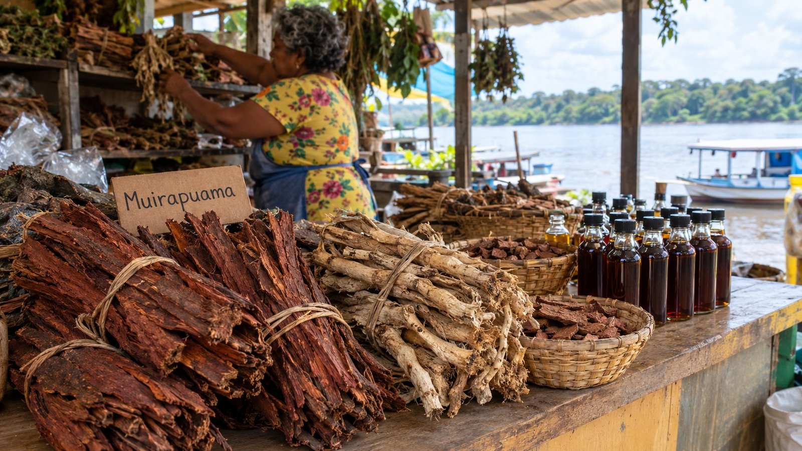 Dried muira puama (Ptychopetalum olacoides) bark and roots in bundles at an Amazonian herbal market stall