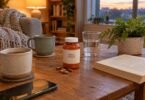 Muira puama benefits: muira puama supplement bottle and capsules on a living room coffee table with two mugs of tea and a book