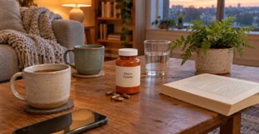 Muira puama benefits: muira puama supplement bottle and capsules on a living room coffee table with two mugs of tea and a book
