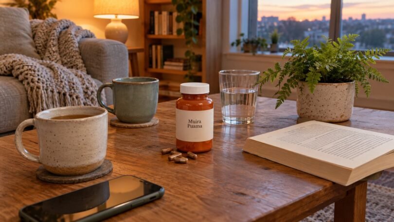 Muira puama benefits: muira puama supplement bottle and capsules on a living room coffee table with two mugs of tea and a book