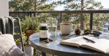 Pine bark extract (Pycnogenol) supplement bottle and capsules on a sunny balcony table with a glass of water and a pine cone
