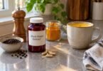 Piperine benefits: black pepper extract supplement bottle and capsules next to a pepper mill, peppercorns and turmeric on a kitchen counter