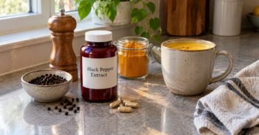 Piperine benefits: black pepper extract supplement bottle and capsules next to a pepper mill, peppercorns and turmeric on a kitchen counter