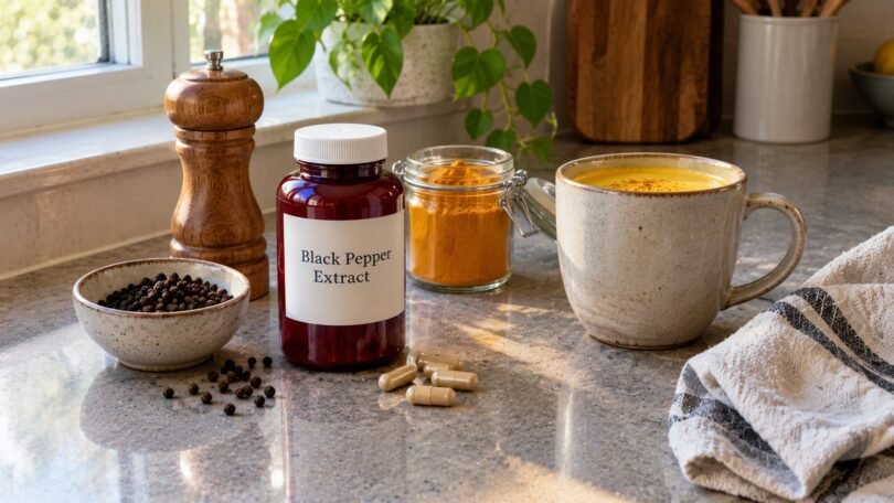 Piperine benefits: black pepper extract supplement bottle and capsules next to a pepper mill, peppercorns and turmeric on a kitchen counter