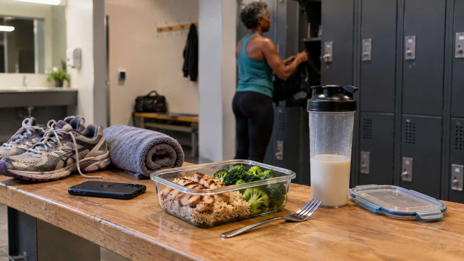 Post-workout meal of chicken, rice and broccoli with a protein shaker on a gym locker room bench