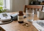Rauwolfia serpentina supplement bottle next to a home blood pressure monitor and a glass of water on a kitchen table