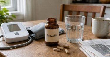 Rauwolfia serpentina supplement bottle next to a home blood pressure monitor and a glass of water on a kitchen table