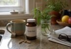 Bottle of stinging nettle root supplement capsules on a kitchen counter next to a mug of herbal tea and fresh nettle leaves in a jar