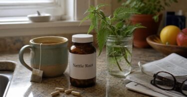 Bottle of stinging nettle root supplement capsules on a kitchen counter next to a mug of herbal tea and fresh nettle leaves in a jar