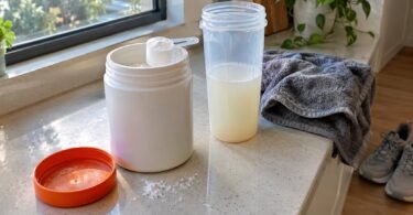 Waxy maize starch supplement powder in an open tub next to a shaker bottle on a kitchen counter