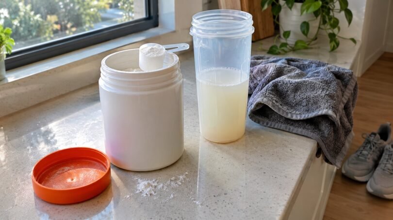 Waxy maize starch supplement powder in an open tub next to a shaker bottle on a kitchen counter