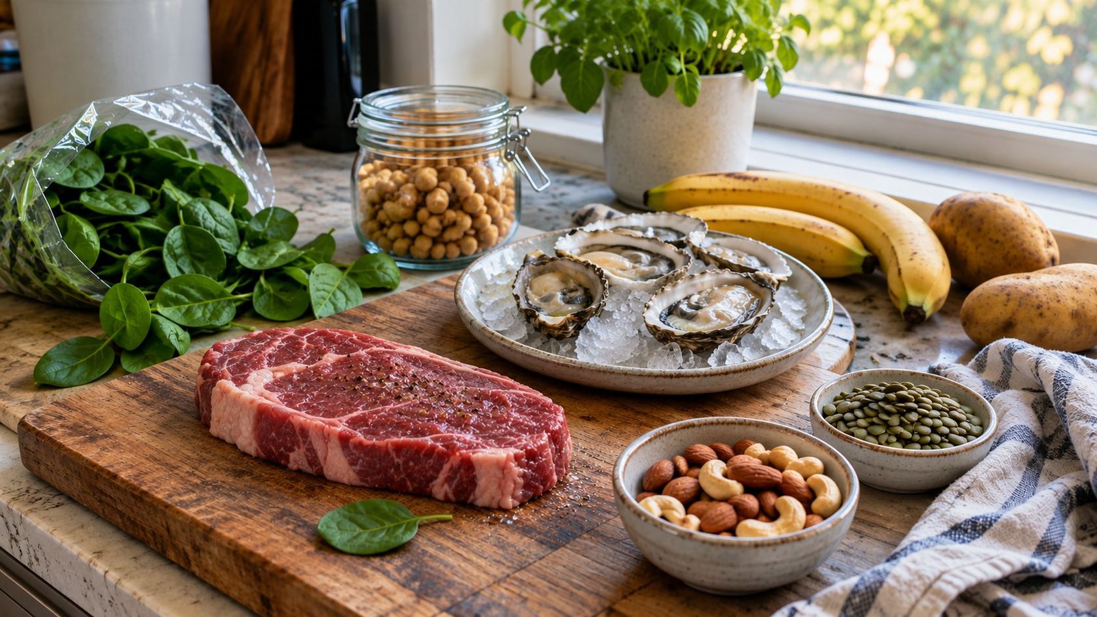 Zinc, magnesium and vitamin B6 food sources including beef, oysters, spinach, pumpkin seeds, nuts, chickpeas, bananas and potatoes